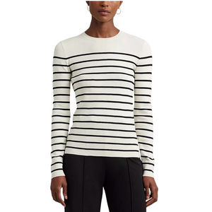 NWOT LAUREN Ralph LRL Ladies Ribbed Crewneck Sweater Cream Black Size XL